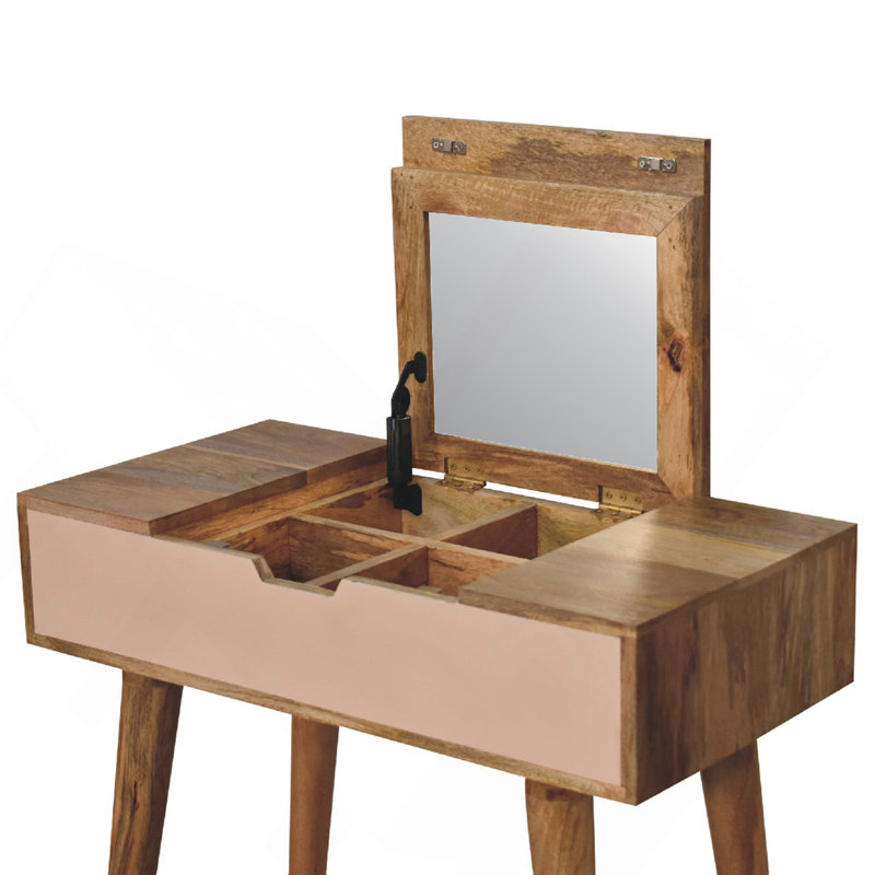 Mini coiffeuse en bois massif rose, 4 compartiments, pieds nordiques