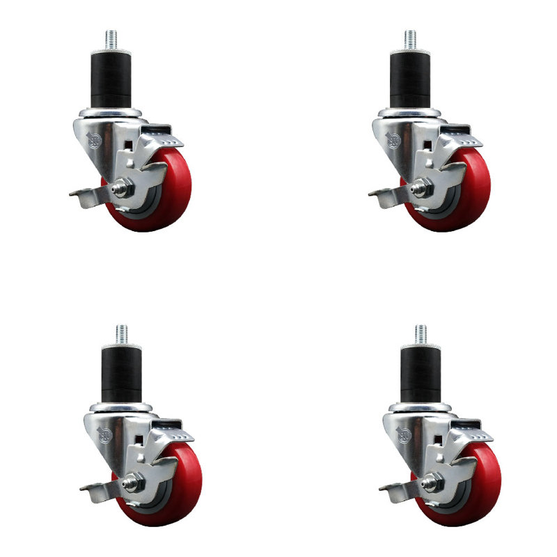 Ensemble de roulettes extensibles en polyuréthane rotatif à tige pivotante en acier inoxydable de 3 po et 1 3/4 po SCC, Rouge