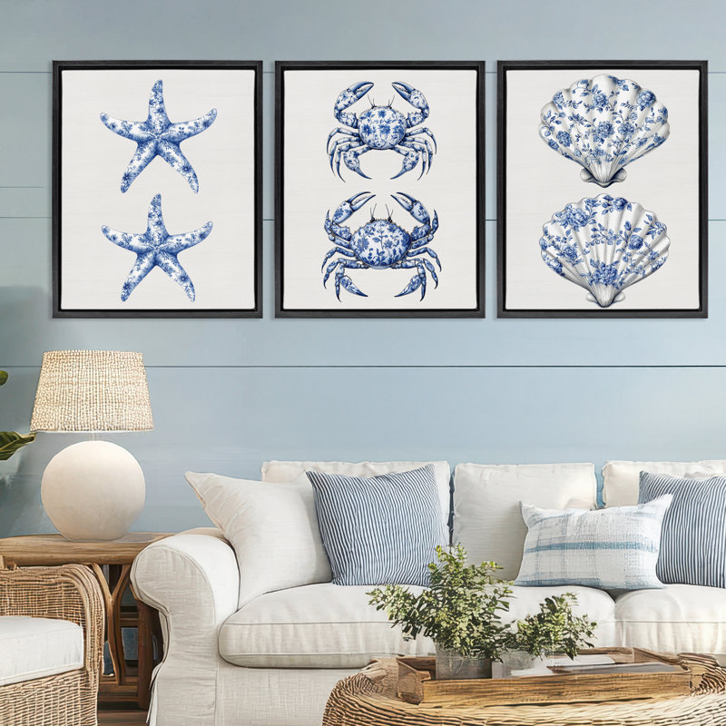 Ensemble de cadre flottant 3 pièces Vintage Toile Starfish & Crabs, H 31 po x l 25 po, Cadre flottant noir de jais