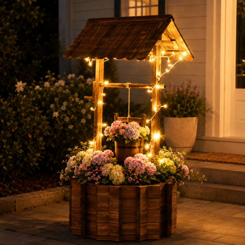 Pot à fleurs d'extérieur 54,3 "avec lumières décoratives, seau suspendu, doublure et base de drainage