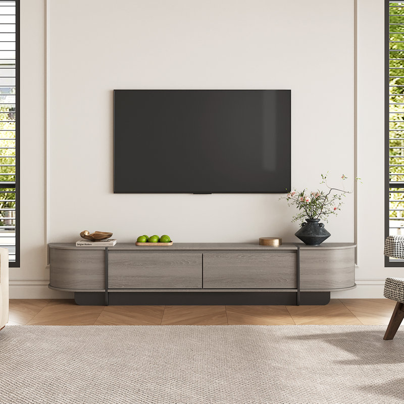 78.7" Modern Curved TV Stand for TVs Up to 85", Gray Wood Media Console with 2 Drawers