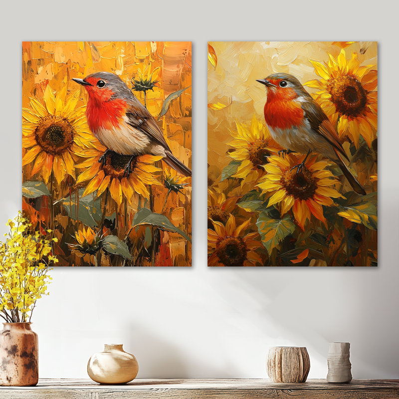 «Robin in the Farm Sunflowers I», ensemble de 2 reproductions d'art mural en métal, H 32 po x l 48 po