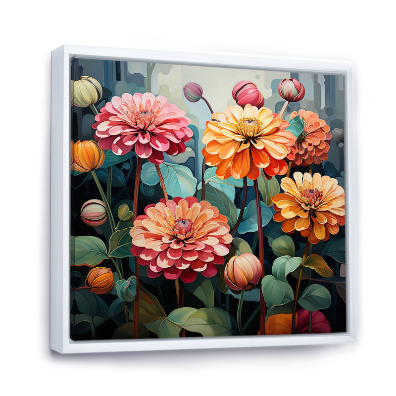 "Binn Zinnias fleurs" - impression sur toile Zinnias, Cadre flottant blanc, H 24 po x l 24 po x P 1 po