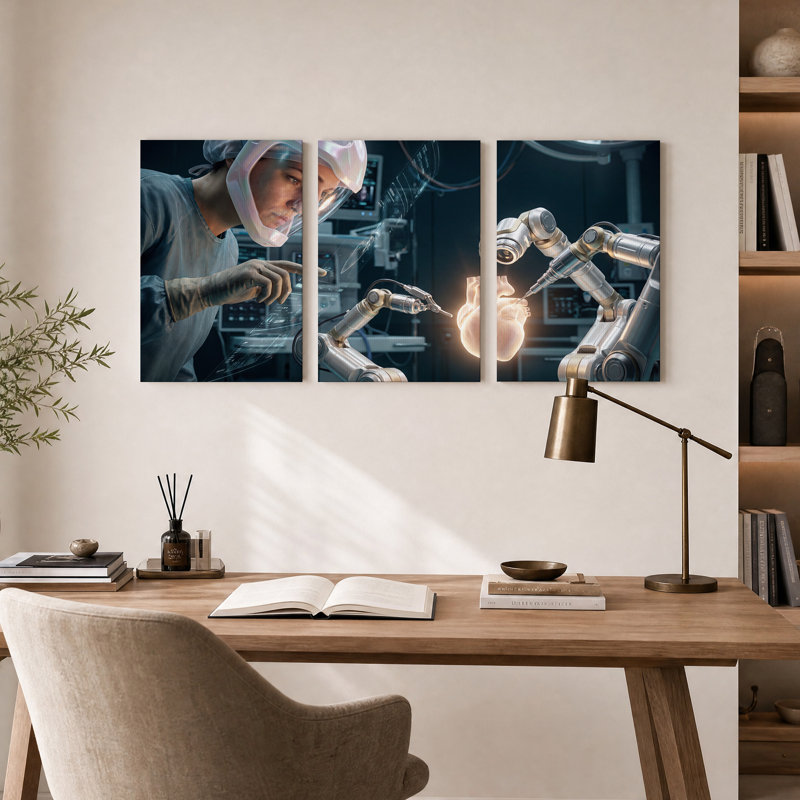 «Surgeon and Robotic Arms with Holographic Heart», ensemble de 3 toiles, H 18 po x l 12 po x 3 pièces