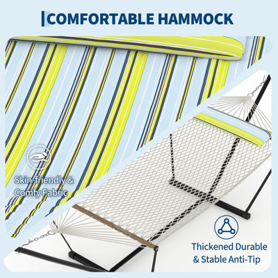 Hamac avec support pour l'extérieur, hamac portatif pour 2 personnes, capacité de 475 lb + corde de coton respirante et rembourrage matelassé, pour la cour extérieure