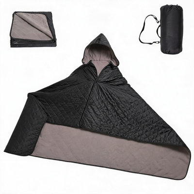 Tapis de pique-nique de camping à capuchon en plein air 78,7 x 55,1 en polaire 210T avec chapeau détachable, sac à main à bandoulière et pochette de rangement cachée, bleu
