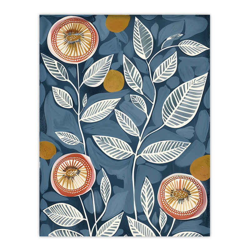 Folk Art Flower Line Patterns Blue Painting Wall Art Print