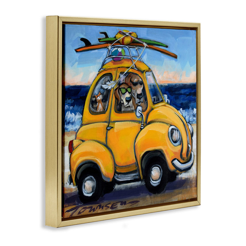 "Groovy Pet Beach Buggy", art mural encadré sur toile flottante par CR Townsend, Cadre flottant métallique doré