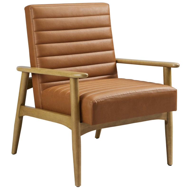Jensen Vegan Leather Accent Chair , Brown Faux Leather, Oak Wood