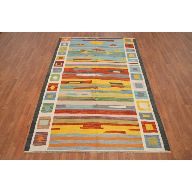 Tapis artistique Kilim 6 x 9 avec motifs géométriques uniques
