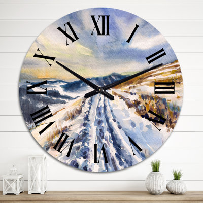 Snowy Road Through Winter Landscape I - Country wall clock