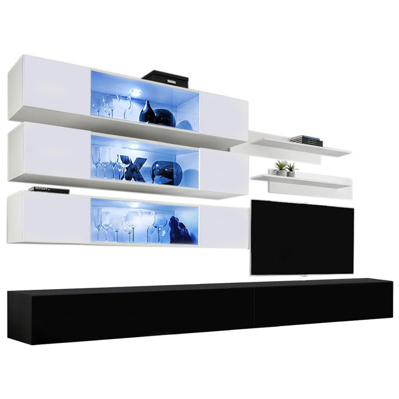 Meuble audio-vidéo flottant Nason pour téléviseur de 70 po ou moins, Blanc / noir