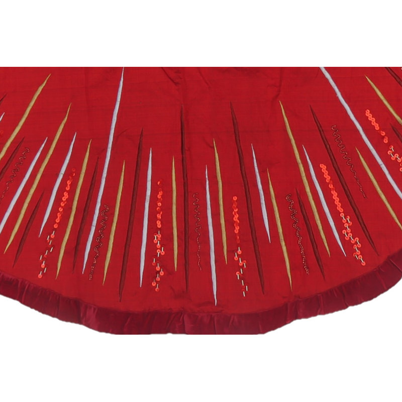 Red Silk Hand-Beaded Starburst Christmas Tree Skirt
