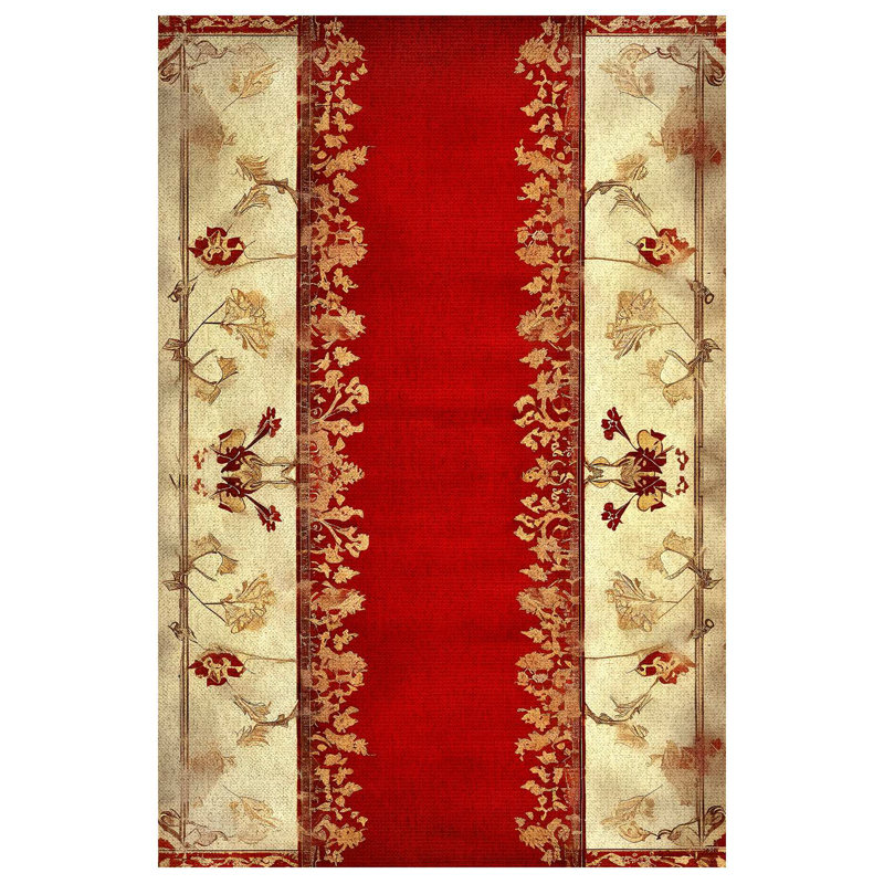 Susan Beige Red Oriental Machine Printed Cotton Polyester Area Rug, Rectangle 3'4" x 6'7"