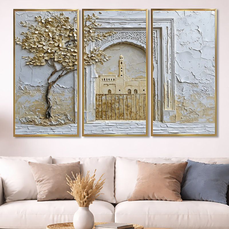 Maroc, médina d'or de Fès - ensemble d'art mural Maroc, Toile avec cadre flottant or, H 40 po x l 60 po x P 1 po