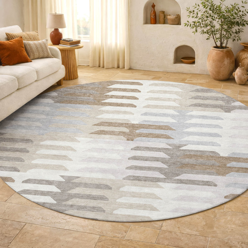 Premium Machine Washable Mayfield AMF2328 Geometric Rug, Ivory, 8' Round