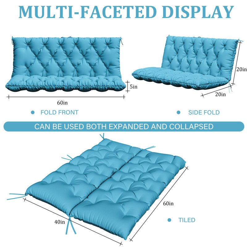 Coussin d'extérieur imperméable pour banc de jardin, Bleu lac, L 60 po x P 40 po