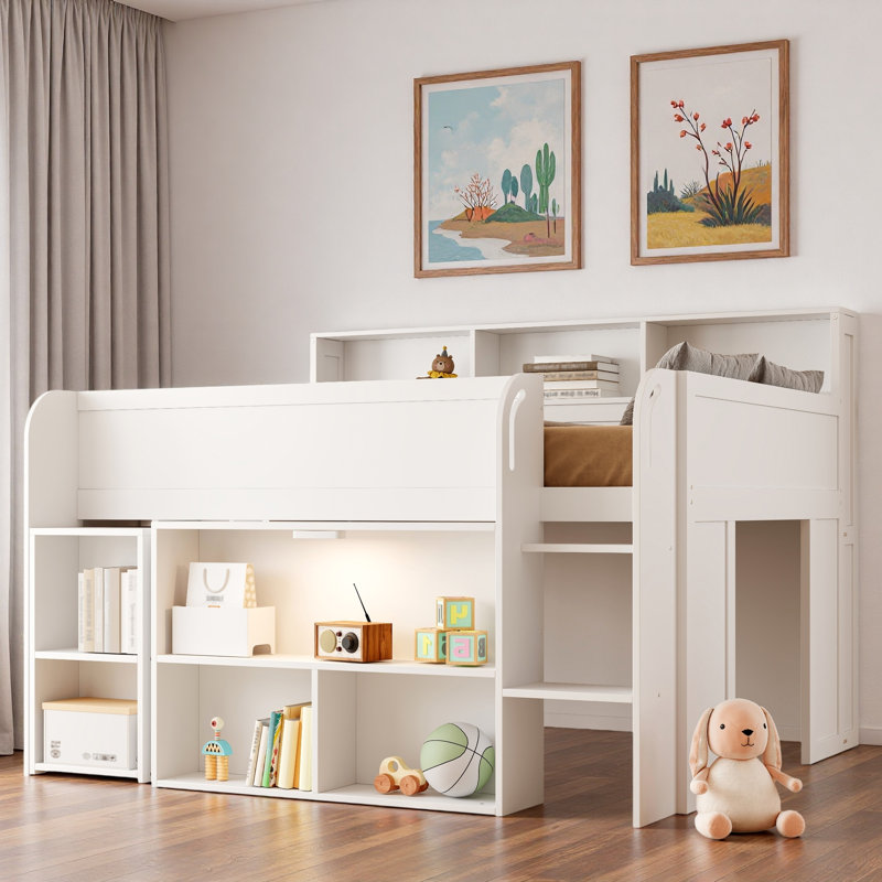 Lit mezzanine avec plusieurs tablettes de rangement, bureau et DEL, Blanc