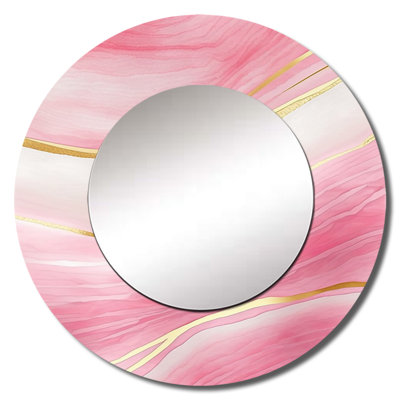Olgerta Abstract Geode Marble Waves Pink II - Marble Decorative Mirror, Modern Round Wall Mirror, Printed Metal Art