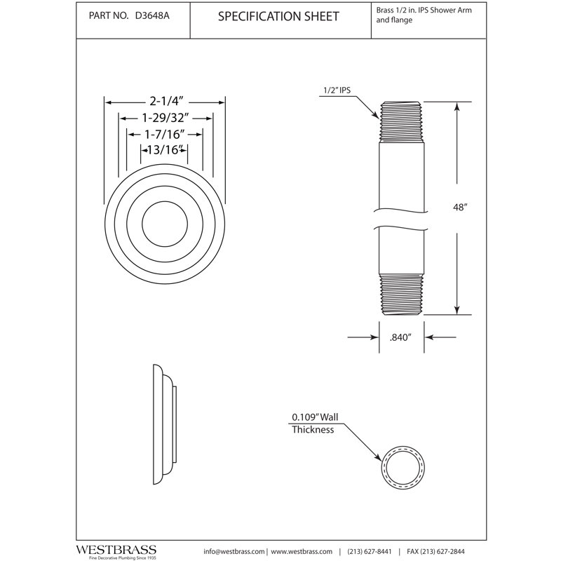 Bras de douche de plafond rond 1/2 po avec bride Westbrass IPS x 48 po, Nickel satiné