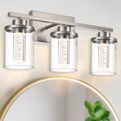 Bathroom Vanity Light Brushed Nickel 3 Light Bathroom Light Fixture, Clear Glass Shade, Crystal Bubble, Dimmable LED Vanity Light.(Integrated LED Bulb