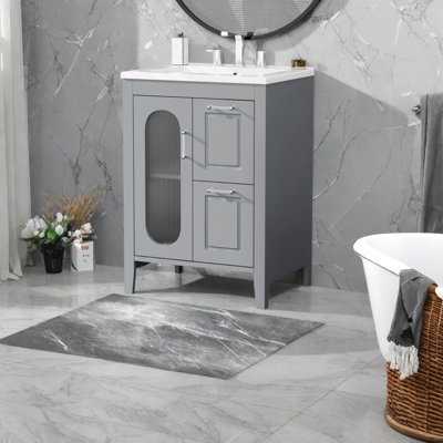 Meuble-lavabo 24 po avec lavabo, meuble-lavabo avec deux tiroirs et porte, tablette réglable, bois massif et panneau de fibres à densité moyenne