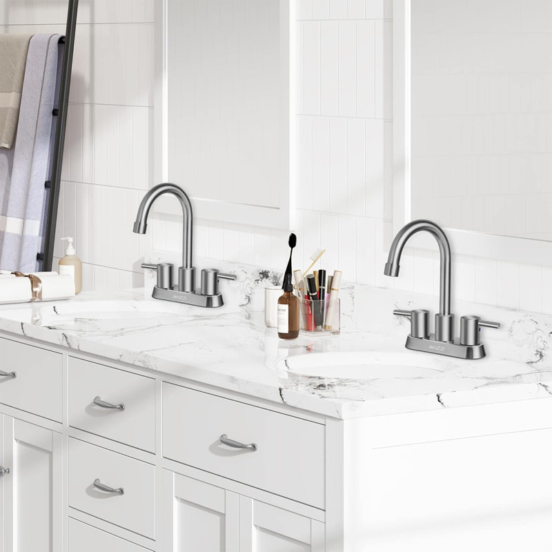 Remnants 4 In. Centerset 2-Handle High-Arc Bathroom Sink Faucet In Brushed Nickel With Drain Assembly And 1.2 GPM Flow