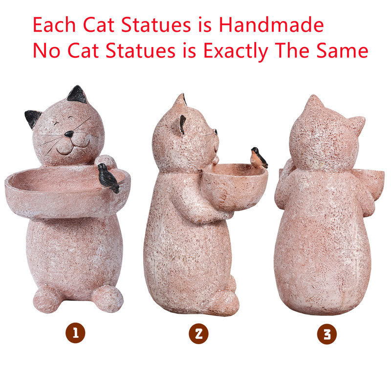 Rustic Beige Resin Cat Garden Statue with Bird Feeder