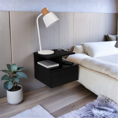 Table de chevet murale polyvalente avec tablettes ouvertes et tiroir pour optimiser l'espace