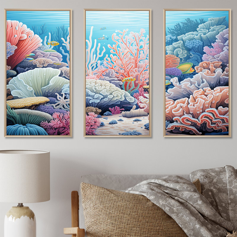 Ensemble de décoration murale kawaii rose bord de mer - corail sous l'eau, Cadre naturel flottant, H 40 po x l 60 po x P 1 po