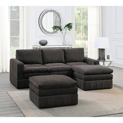 5pc Modular Corner Sectional In Modern Style With Cushions And 2x One Arm Chairs Contemporary Mink Suede Seats Ottomans Armless