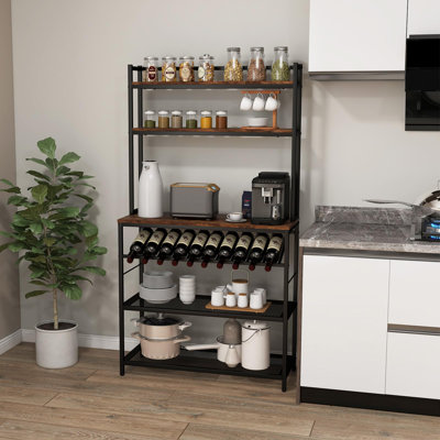 Heiss 90cm Wood Standard Baker's Rack with Microwave Compatibility and Wine Bottle Storage