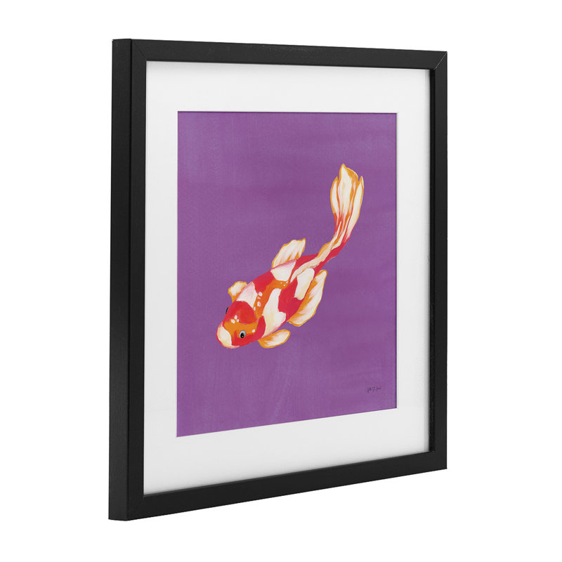 "Koi coloré sur mauve", reproduction encadrée sous verre, design par Yvette St. Amant, H 13 po x l 13 po, Cadre noir minuit