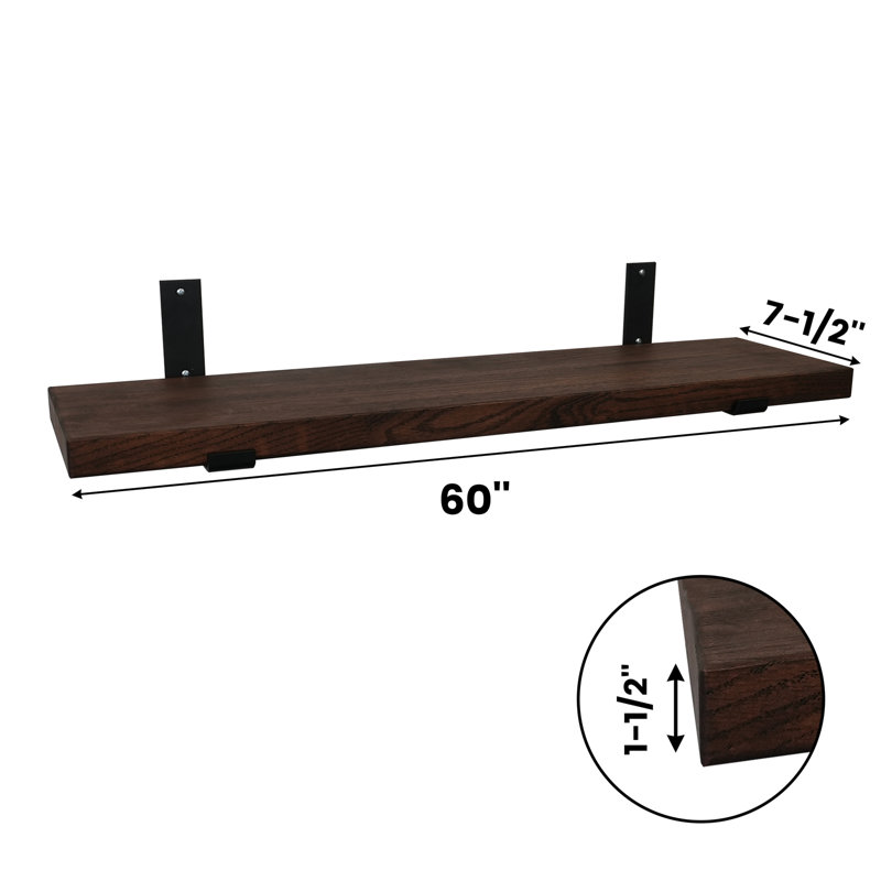 Floating Shelves, USA Grown Solid Hardwood, Dark Brown Wood, 1.5" H x 60" W x 7.5" D