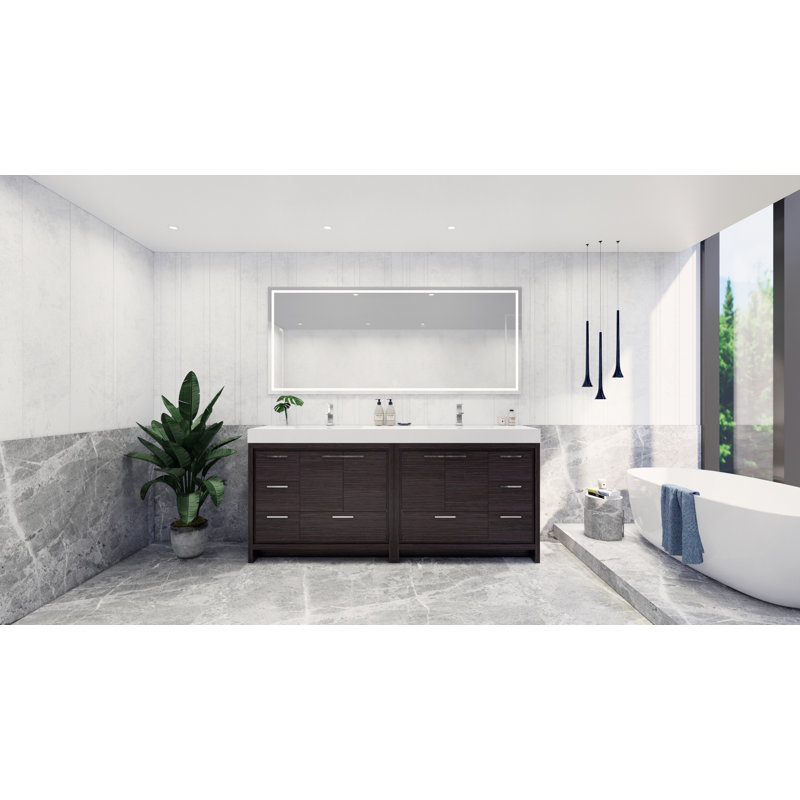 Marche 83.4'' Double Bathroom Vanity with Acrylic Top, Dark Gray Oak, Chrome