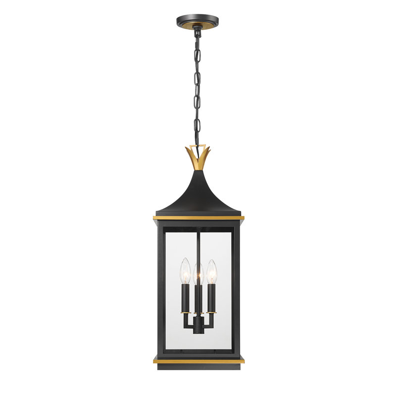 Meggett 3 Light Matte Black + Textured Gold Outdoor Pendant