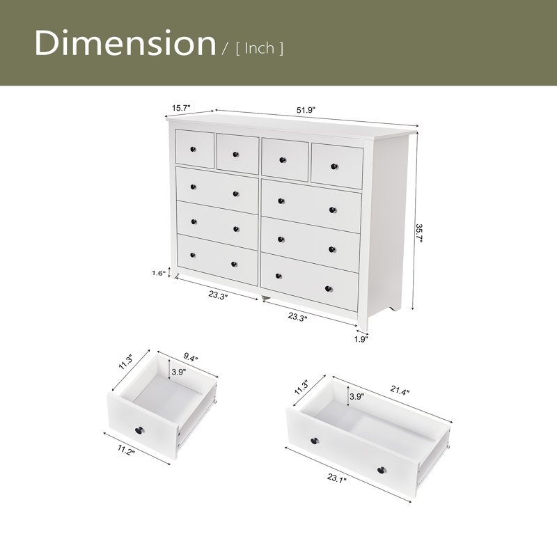 Commode moderne à 10 tiroirs pour la chambre à coucher - Vaste commode de rangement, Blanc antique
