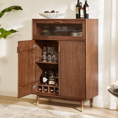 Hernest 38" Mid-Century Oak Fluted Bar Cabinet, Wine Cabinet With Wine Glass Holder & Wine Rack