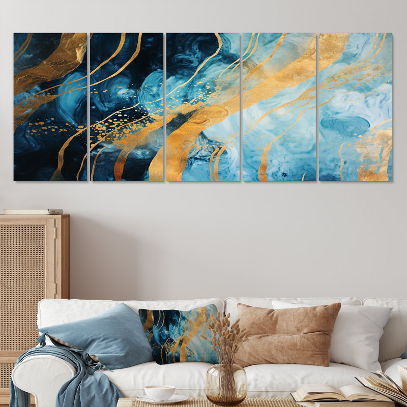 «Blue Sparkling Glam Gold Streams - Abstract Modern Waves», ensemble d'art mural 5 pièces, H 28 po x l 60 po
