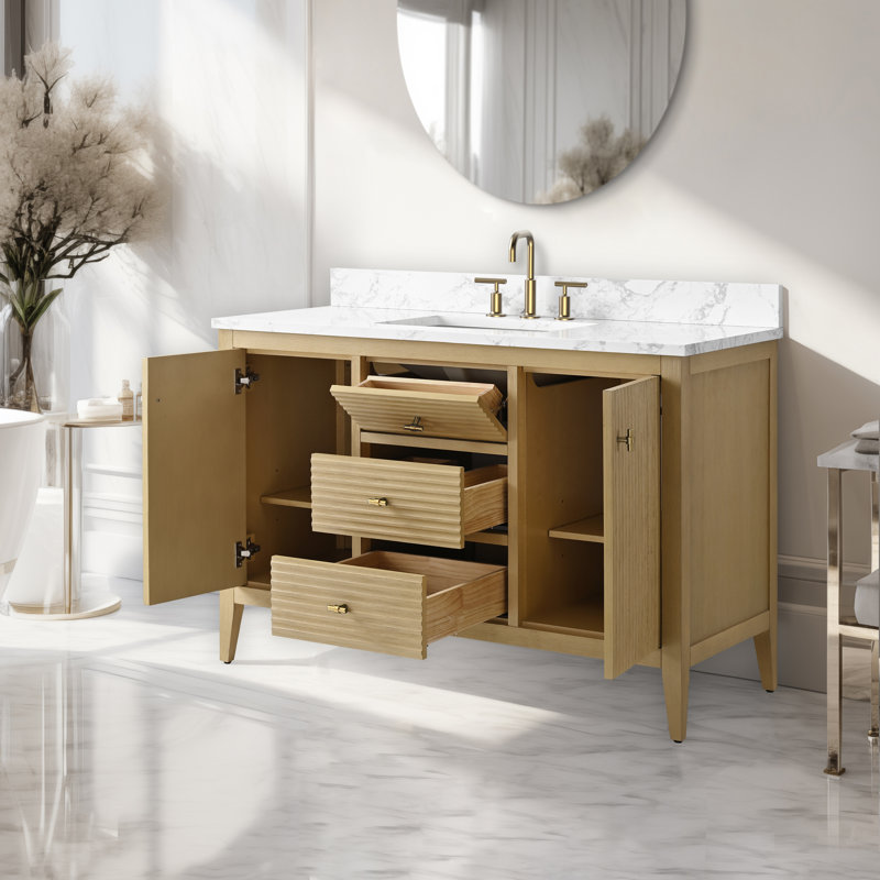Meuble-lavabo simple 48 po avec plateau en marbre, Doré brossé, Chêne naturel linéaire