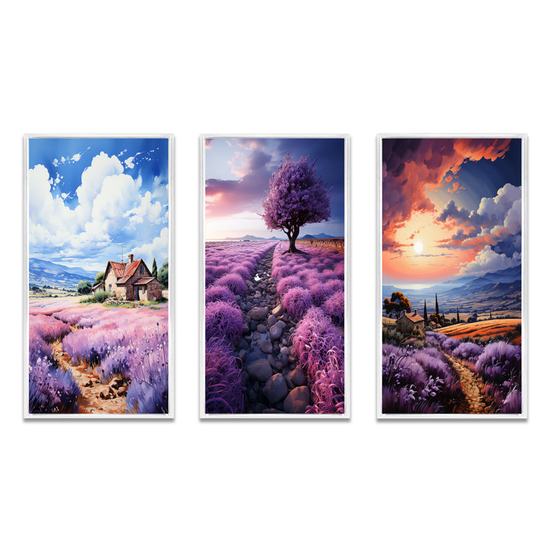 «France Lavender Hues», 3 pièces sur toile, Cadre blanc, H 40 po x l 60 po