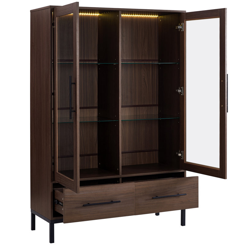 Vitrine haute 60 po avec 2 tiroirs de rangement, Black/Dark Walnut
