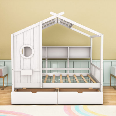 Wooden House Bed With Roof Design, Storage Drawers And Shelves