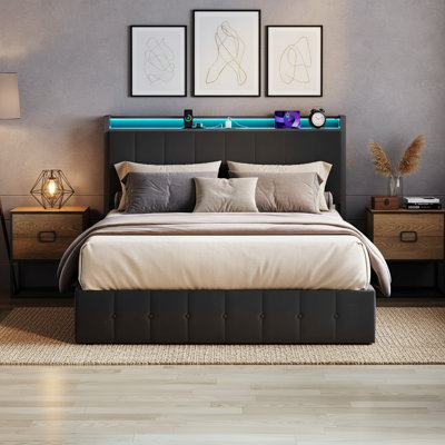 Très grand lit escamotable avec lumières DEL, structure de lit tapissier en velours avec tête de lit et station de charge, lit plateforme en métal, aucun sommier requis, lattes en bois massif, noir