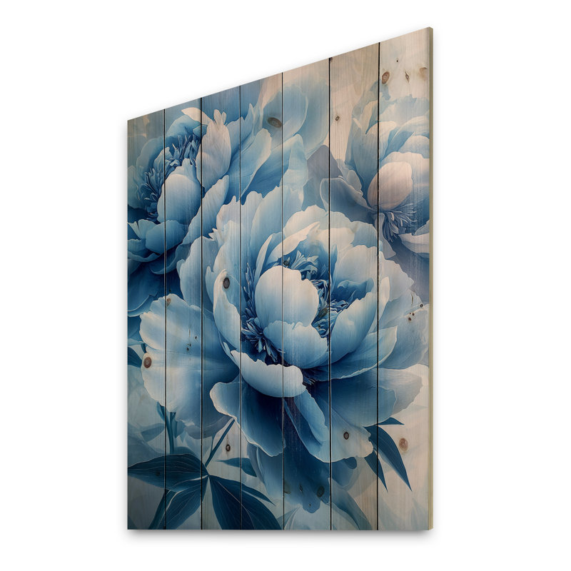 Blue Velvet Peonies Blooms II - Peonies Wood Wall Art - On Natural Pine Wood, 20" H x 10" W x 0.78" D