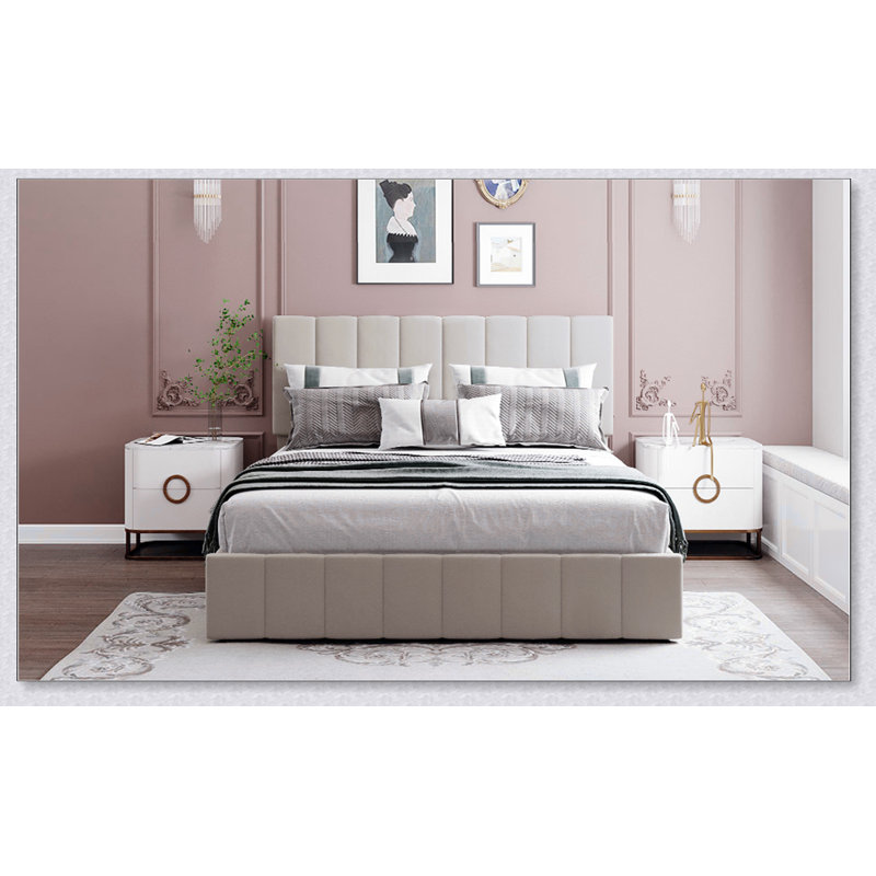Upholstered Platform Bed With A Hydraulic Storage System, Queen, Beige