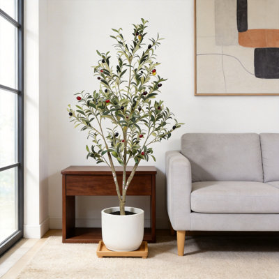 5FT Artificial Olive Tree in Black Plastic Pot, Realistic Faux Olive Plant with Extra Full Branches, Lifelike Fake Tree for Indoor Home Office Decor, Low Maintenance Potted Plant