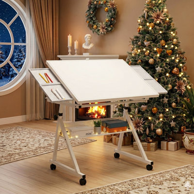 Adjustable Height & Tilt Puzzle Table in White, Mobile Drafting Desk with 4 Sorting Trays & Storage Shelf