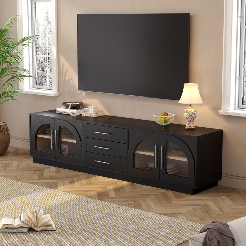 78.7" TV Stand With Arched Glass Doors And Shelves, Mid-century Modern TV Cabinet for TVs Up to 100", Black