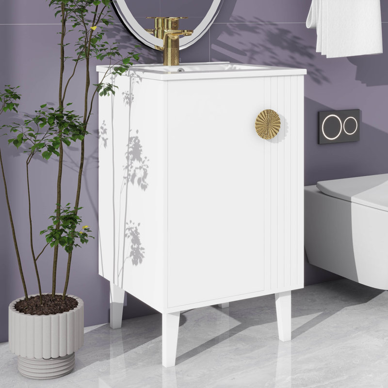 Meuble-lavabo de 20 po avec lavabo, petit ensemble de meuble-lavabo simple autoportant, lavabo en céramique, porte à fermeture en douceur, poignées en demi-lune élégantes, pour les salles de bain compactes